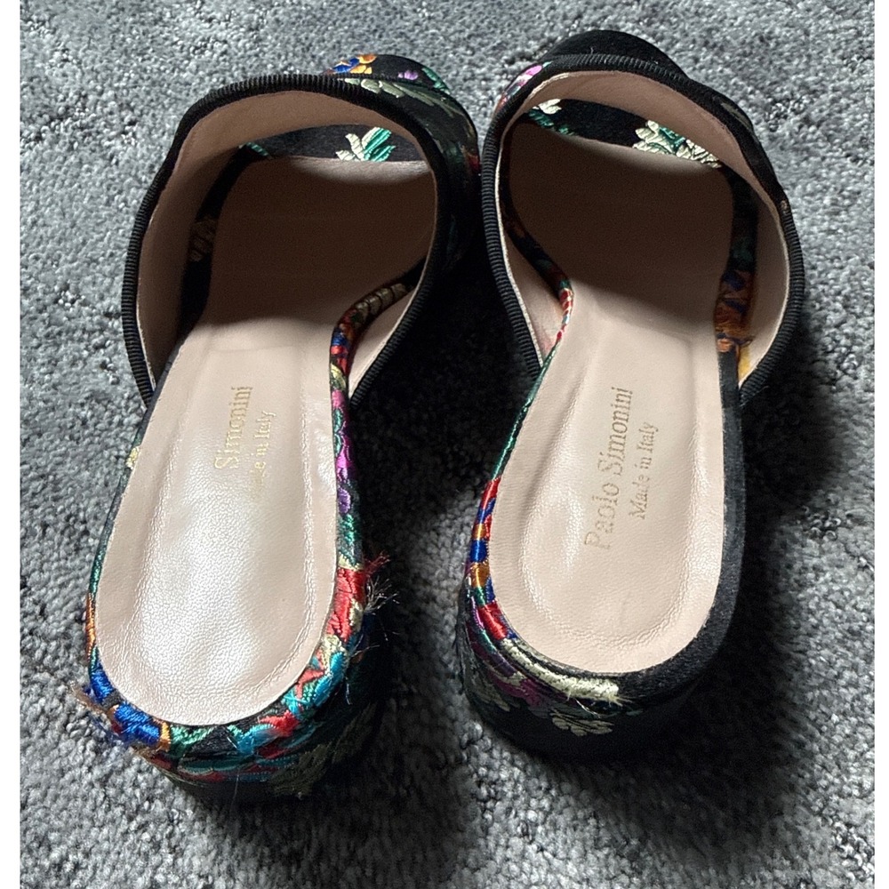 Paolo Simonini Italy Floral Embroidered Black Satin Block Heel Mules Size 36 - Picture 2 of 7